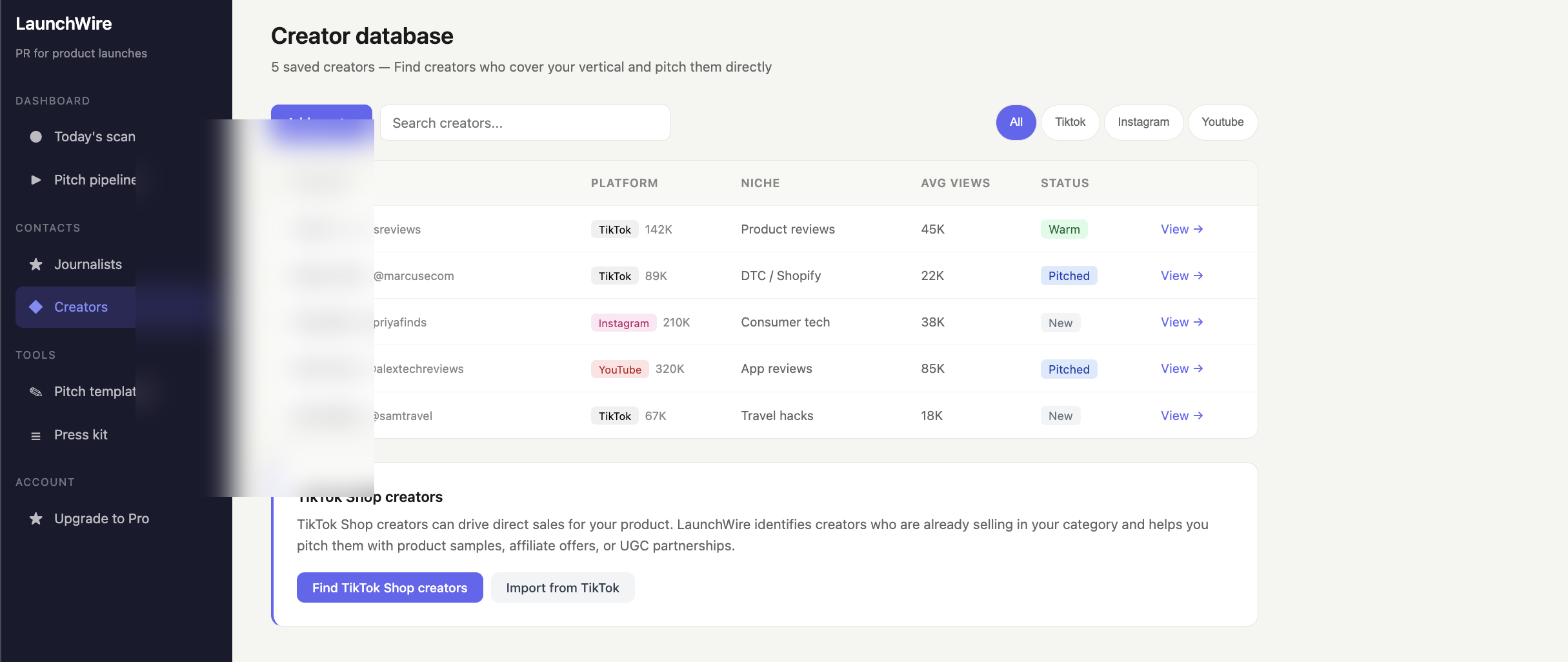 Creator database — TikTok, Instagram, YouTube