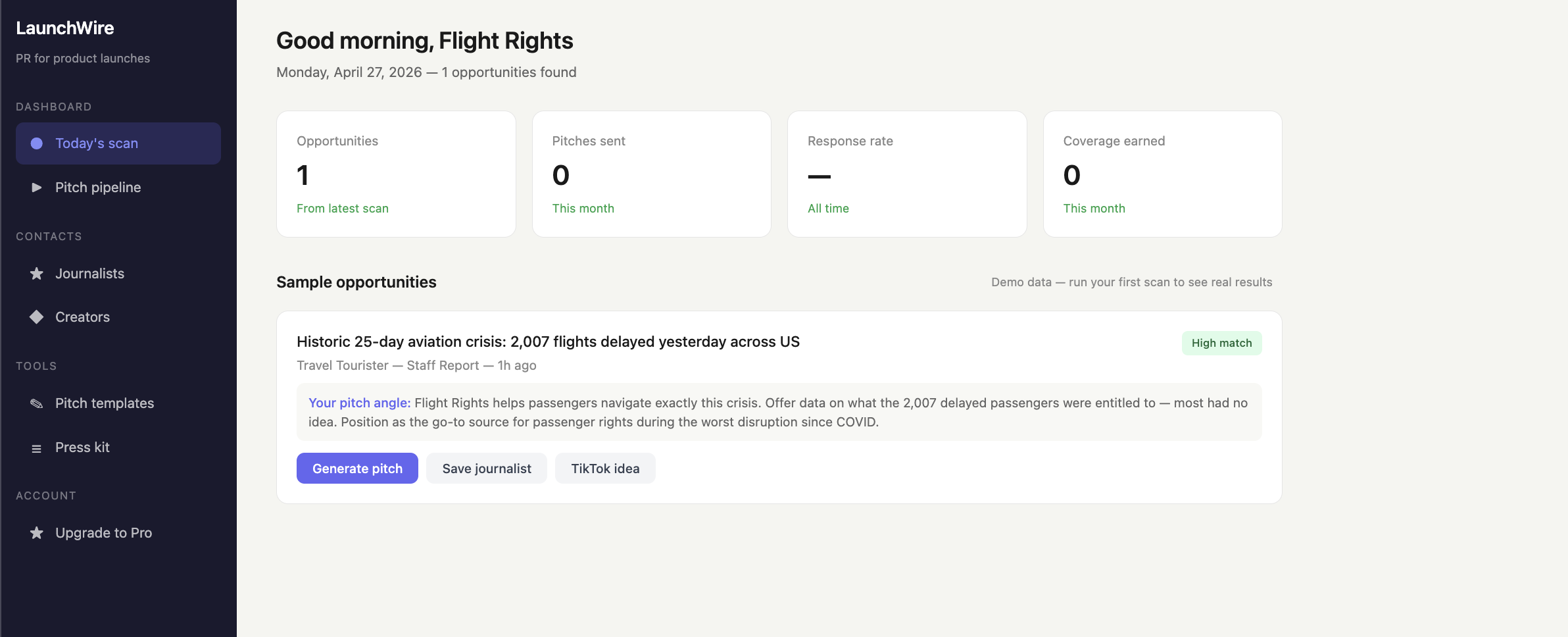 LaunchWire dashboard — today's scan with AI pitch angles