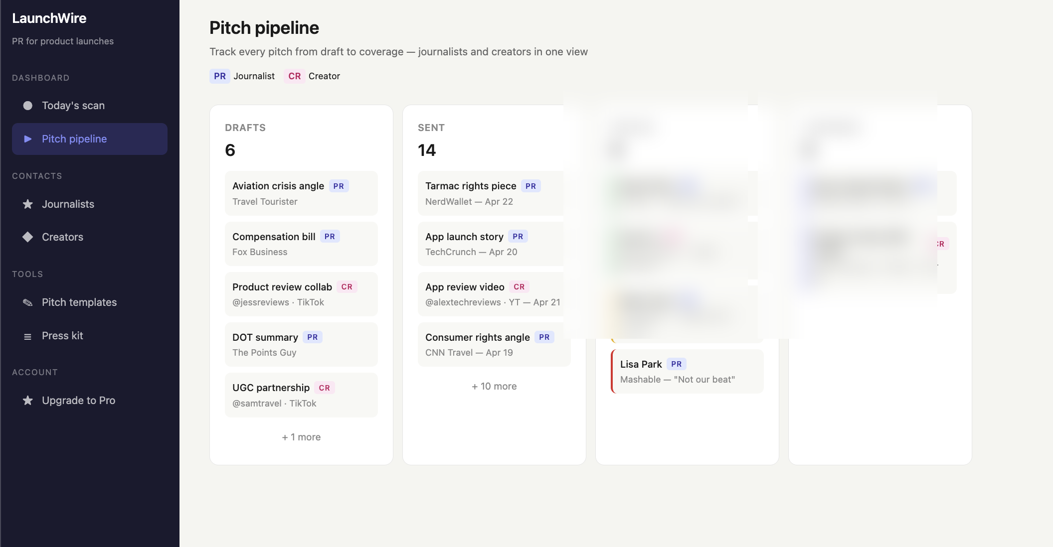 Pitch pipeline — track drafts to coverage